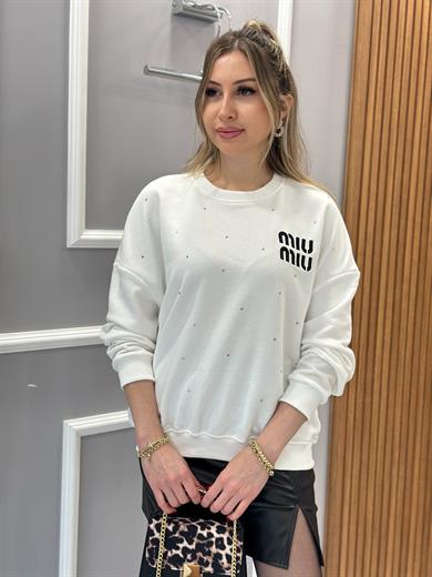Mı Premium Pırıltılı Taşlı Sweatshirt Ekru