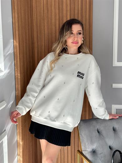 Mi Premium Sweatshirt Taşlı Beyaz