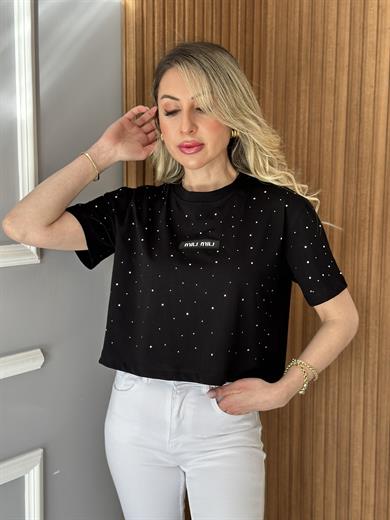 Mİ T-shirt Taşlı Siyah