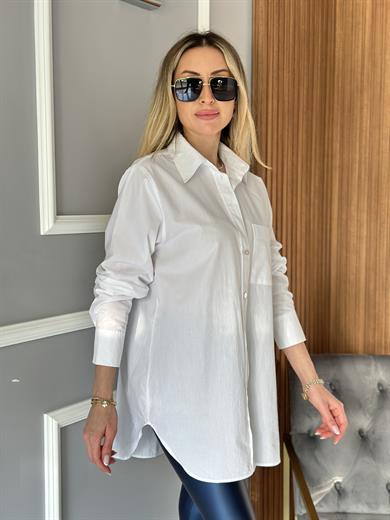 Mos Gömlek Oversize Tek Cepli Yanları Yırtmaçlı Beyaz