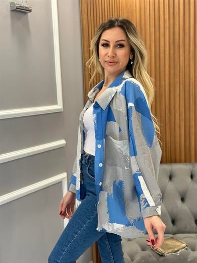 Oversize Gömlek Standart Beden Mavi Renk Mix