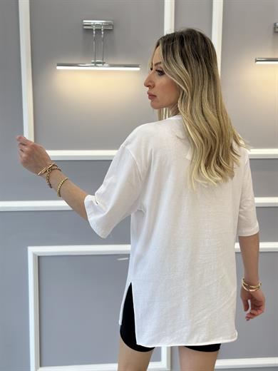 Oys T-shirt Oversize Yandan Yırtmaçlı Beyaz