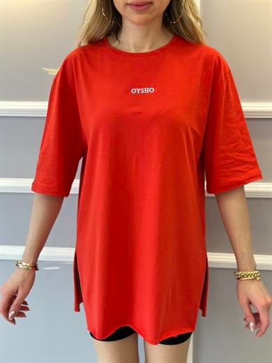 Oys T-shirt Oversize Yandan Yırtmaçlı Kırmızı