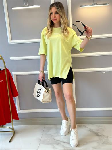 Oys T-shirt Oversize Yandan Yırtmaçlı Neon Yeşil