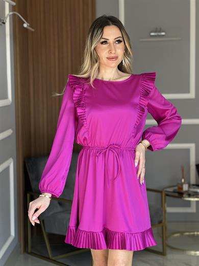 Piliseli Saten Elbise Fuşya