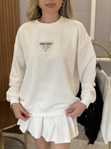 PR Beyaz Serpme Taşlı Üçgen Detaylı Boyu 60 cm Sweat 