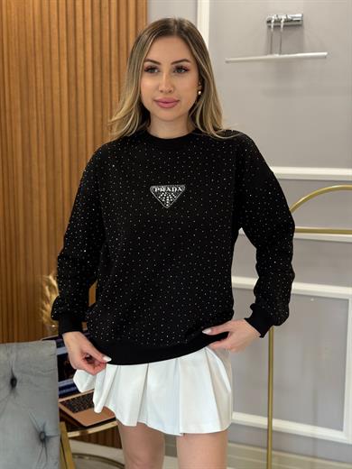 PR Siyah Serpme Taşlı Üçgen Detaylı Boyu 60 cm Sweat 