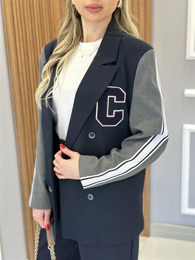 Premium Blazer Ceket Kol Şerit Detaylı Lacivert