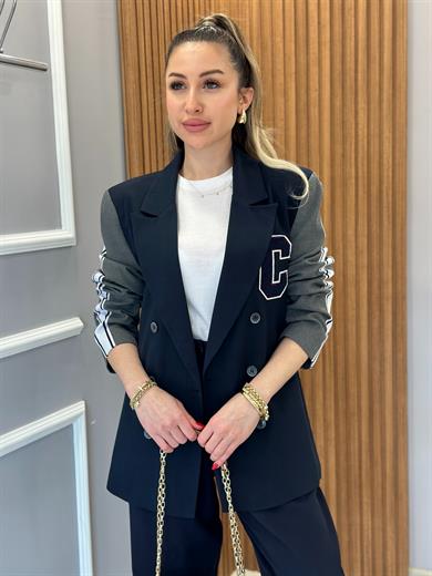 Premium Blazer Ceket Kol Şerit Detaylı Lacivert