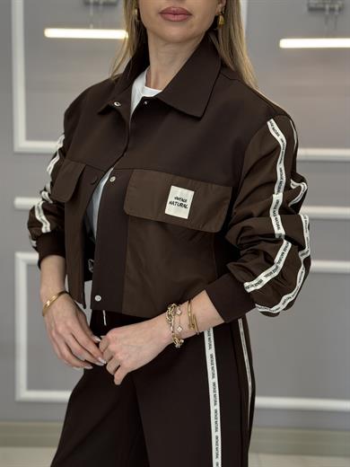 Premium Bomber Yan Şeritli Kahverengi Ceket 