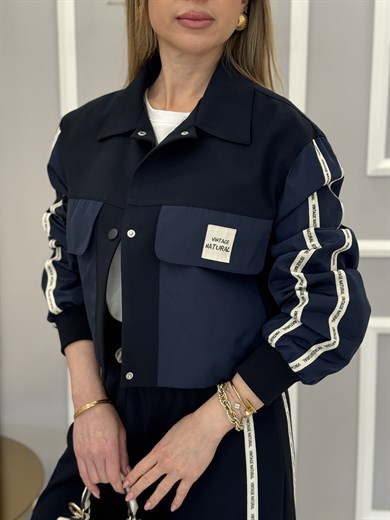 Premium Bomber Yan Şeritli Lacivert Ceket 
