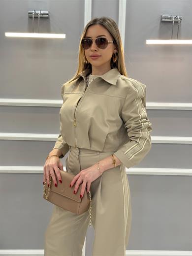 Premium Bomber Yan Şeritli Vizon Ceket 