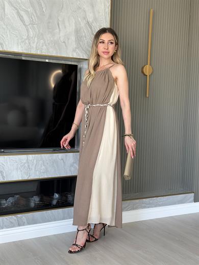 Premium Elbise Kemerli İçi Astarlı Vizon Ekru Mix