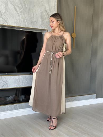 Premium Elbise Kemerli İçi Astarlı Vizon Ekru Mix