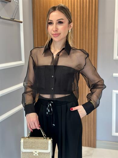 Premium Gömlek Organze Tül Siyah