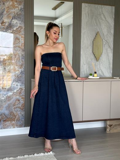 Premium Jeans Elbise Straples Kemerli