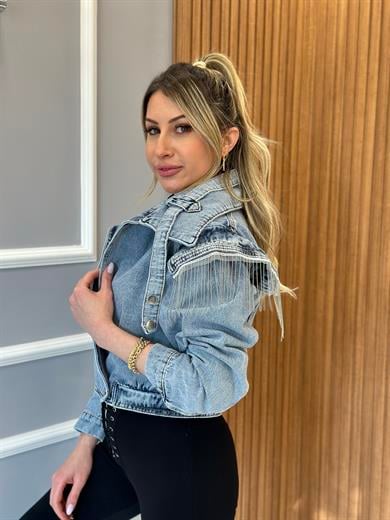 Premium Kot Ceket Kemerli Omuz Detaylı Mavi