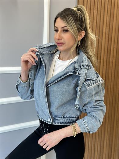 Premium Kot Ceket Kemerli Omuz Detaylı Mavi