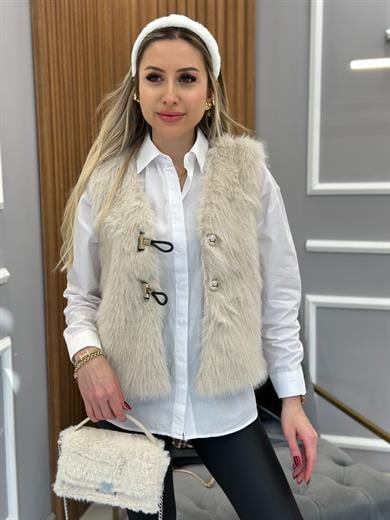Premium Kürk Yelek Gold Düğmeli Krem