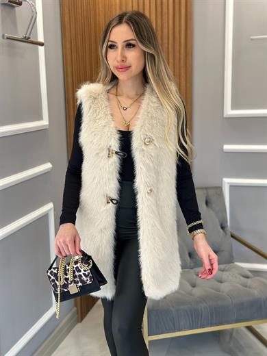 Premium Kürk Yelek Gold Düğmeli Maxi Boy  Krem