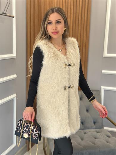 Premium Kürk Yelek Gold Düğmeli Maxi Boy  Krem