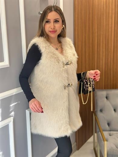 Premium Kürk Yelek Gold Düğmeli Maxi Boy  Krem
