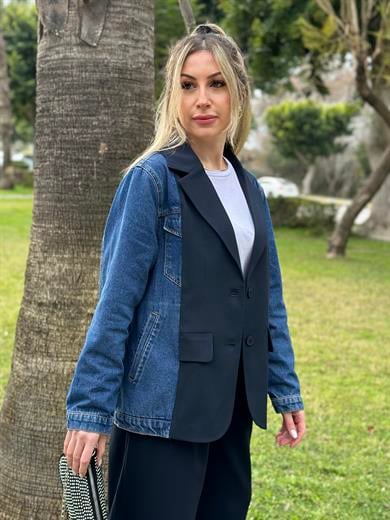 Premium Lacivert Blazer Ceket Kot Detaylı