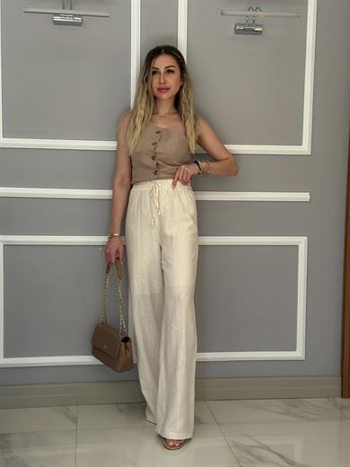Premium Pantolon Keten İçi Astarlı Palozzo Krem