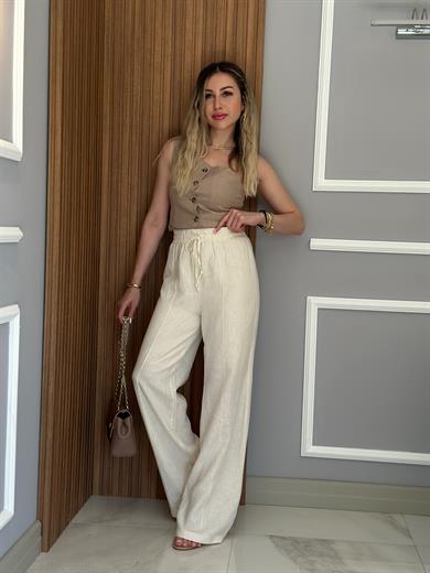 Premium Pantolon Keten İçi Astarlı Palozzo Krem