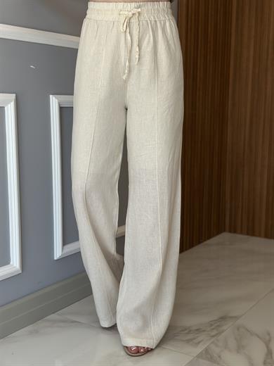 Premium Pantolon Keten İçi Astarlı Palozzo Krem