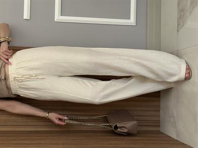 Premium Pantolon Keten İçi Astarlı Palozzo Krem