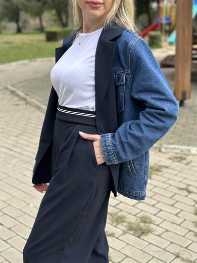 Premium Pantolon Palazzo Beli Lastikli Lacivert