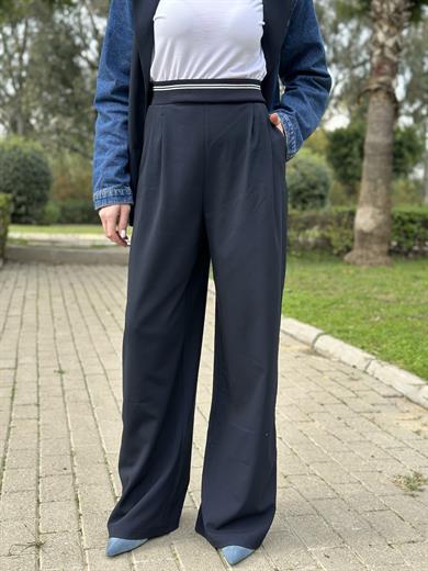 Premium Pantolon Palazzo Beli Lastikli Lacivert