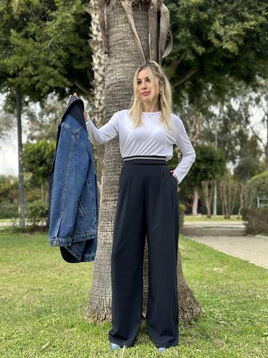 Premium Pantolon Palazzo Beli Lastikli Lacivert