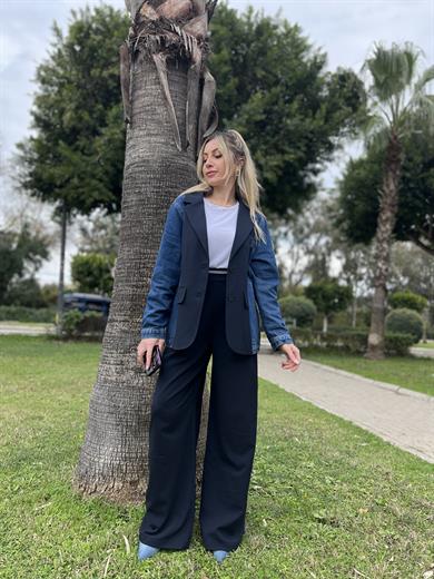 Premium Pantolon Palazzo Beli Lastikli Lacivert