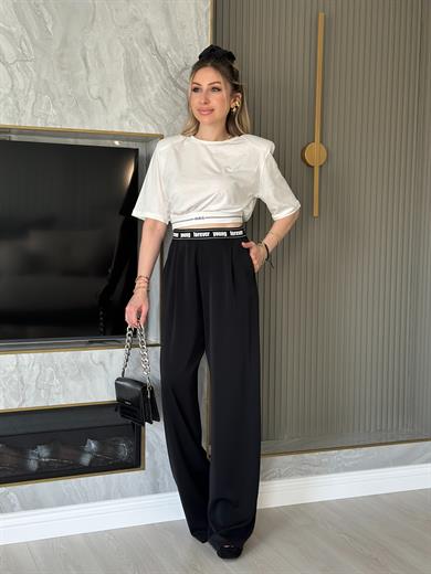 Premium Saten Palazzo Bel Detaylı Siyah