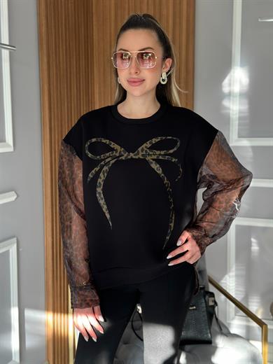 Premium Sweat Leopar Desen Kolları Arkası Tül Detaylı