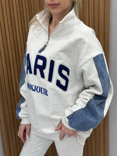 Premium Sweatshirt Oversize Kot Detaylı Fermuarlı Gri
