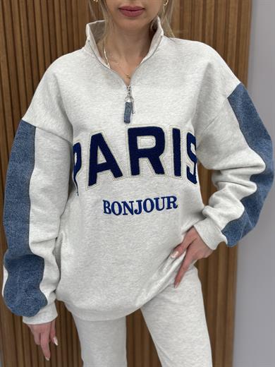 Premium Sweatshirt Oversize Kot Detaylı Fermuarlı Gri