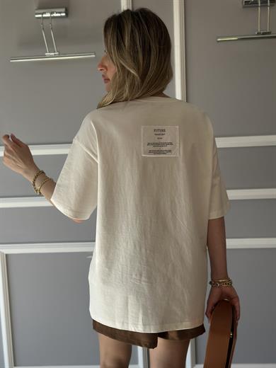 Premium T-shirt Fermuar Detaylı Ekru-Vizon Mix