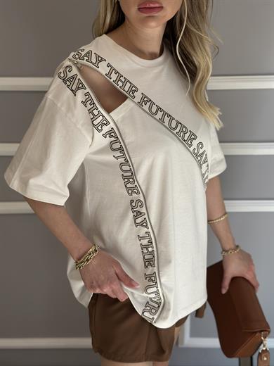 Premium T-shirt Fermuar Detaylı Ekru-Vizon Mix
