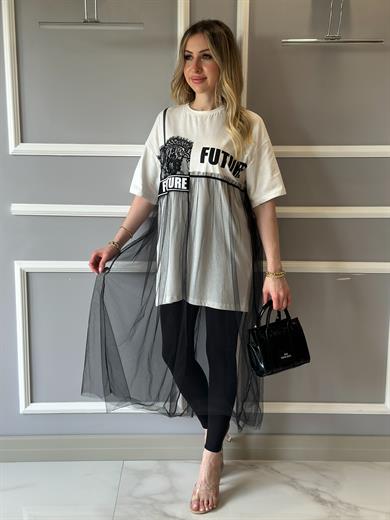Premium Tül Detaylı T-shirt Siyah