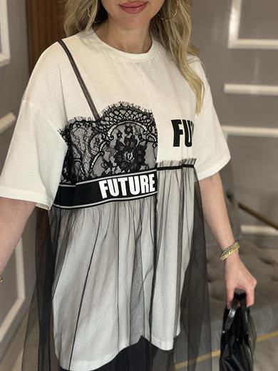 Premium Tül Detaylı T-shirt Siyah