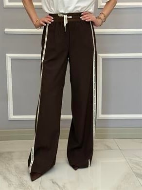 Premium Yan Şeritli Palazzo Kahverengi Pantolon