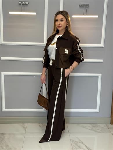 Premium Yan Şeritli Palazzo Kahverengi Pantolon