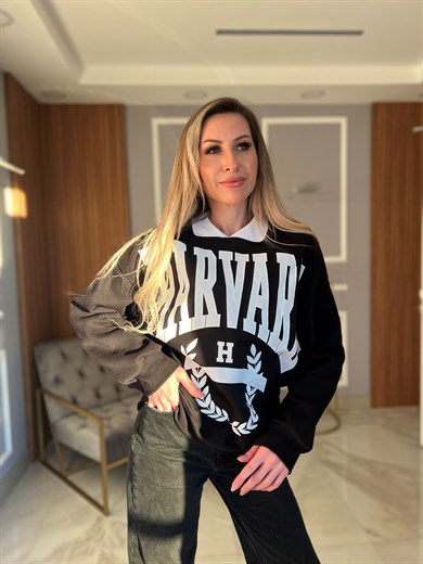 Siyah Beyaz Harvard Yazılı Sweatshirt