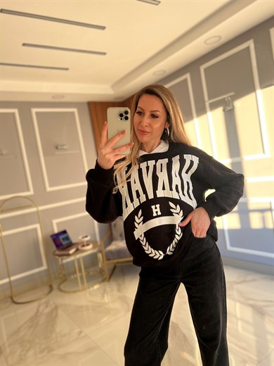 Siyah Beyaz Harvard Yazılı Sweatshirt