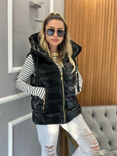 Star Premium Parlak Yelek Gold Detaylı Siyah  