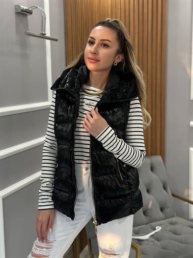 Star Premium Parlak Yelek Gold Detaylı Siyah  