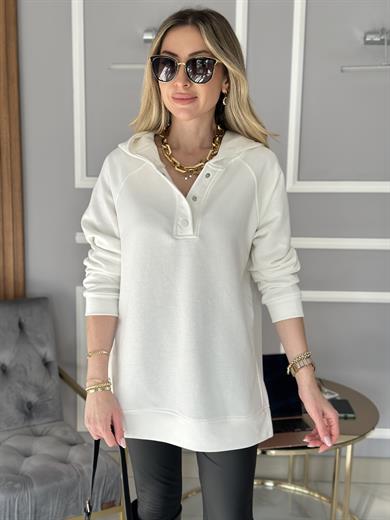 Sweatshirt Basic Oversize Yandan Yırtmaçlı Ekru